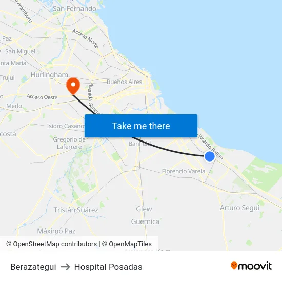 Berazategui to Hospital Posadas map