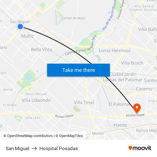 San Miguel to Hospital Posadas map