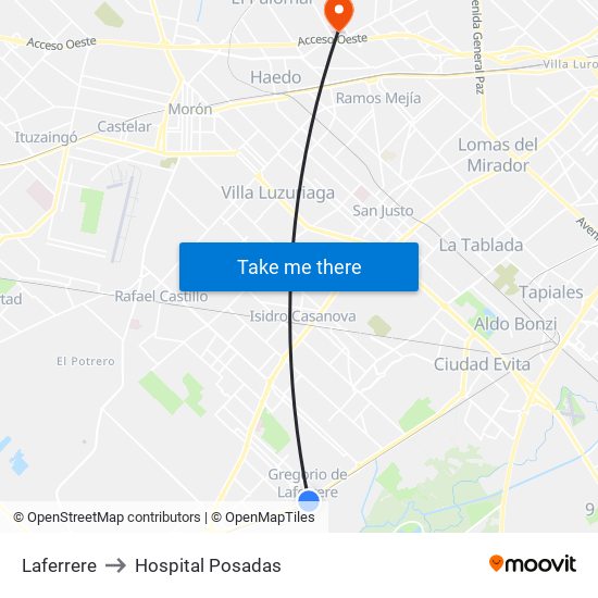 Laferrere to Hospital Posadas map