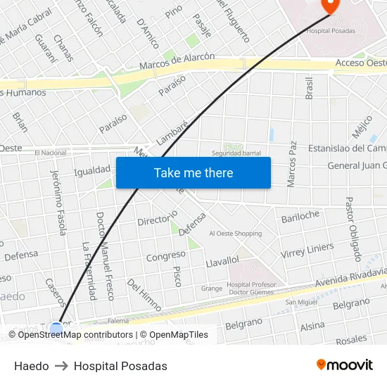 Haedo to Hospital Posadas map
