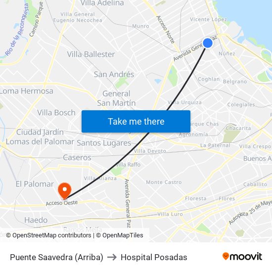 Puente Saavedra (Arriba) to Hospital Posadas map