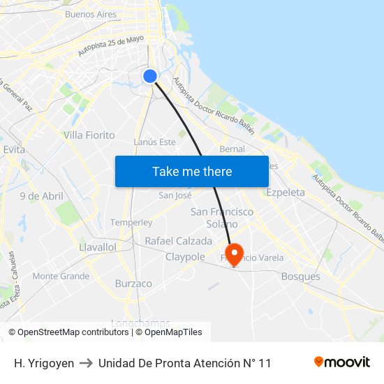 H. Yrigoyen to Unidad De Pronta Atención N° 11 map