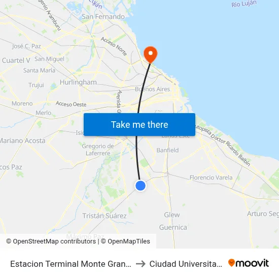 Estacion Terminal Monte Grande to Ciudad Universitaria map