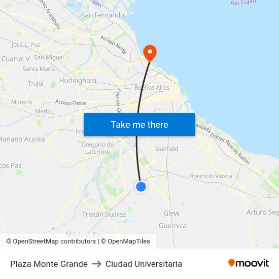 Plaza Monte Grande to Ciudad Universitaria map