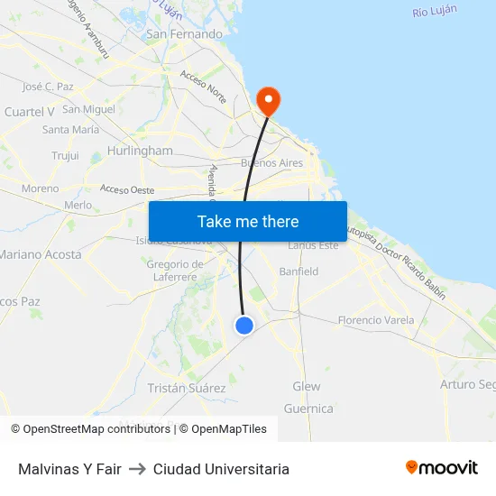 Malvinas Y Fair to Ciudad Universitaria map