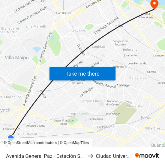 Avenida General Paz - Estación Saenz Peña to Ciudad Universitaria map