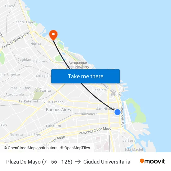 Plaza De Mayo (7 - 56 - 126) to Ciudad Universitaria map