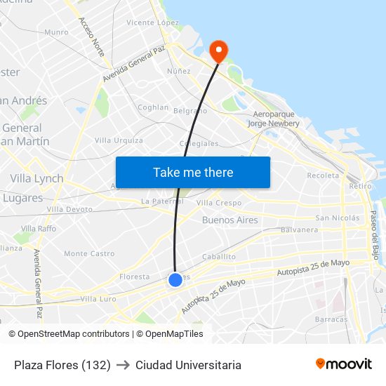 Plaza Flores (132) to Ciudad Universitaria map