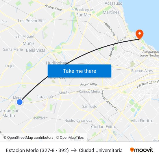 Estación Merlo (327-8 - 392) to Ciudad Universitaria map