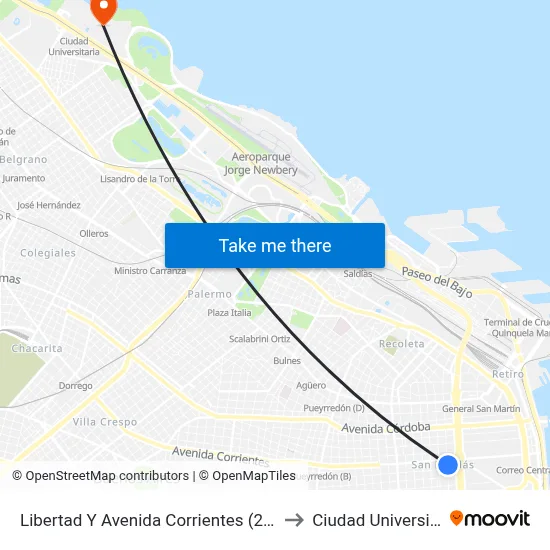 Libertad Y Avenida Corrientes (24 - 111) to Ciudad Universitaria map