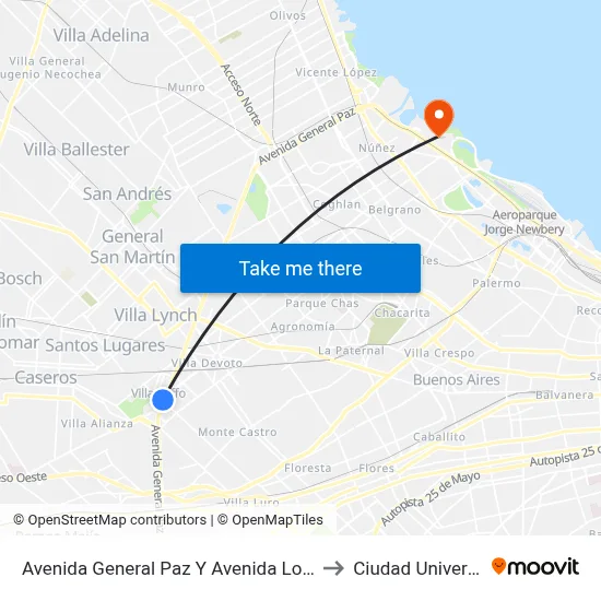 Avenida General Paz Y Avenida Lope De Vega to Ciudad Universitaria map