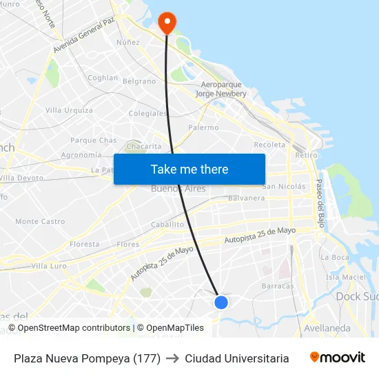 Plaza Nueva Pompeya (177) to Ciudad Universitaria map