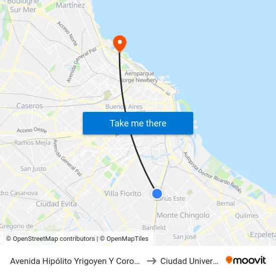 Avenida Hipólito Yrigoyen Y Coronel Ramos to Ciudad Universitaria map