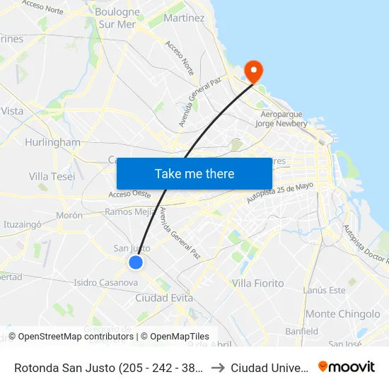 Rotonda San Justo (205 - 242 - 382 - 620 - 624) to Ciudad Universitaria map