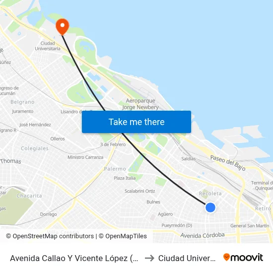Avenida Callao Y Vicente López (102 - 110) to Ciudad Universitaria map