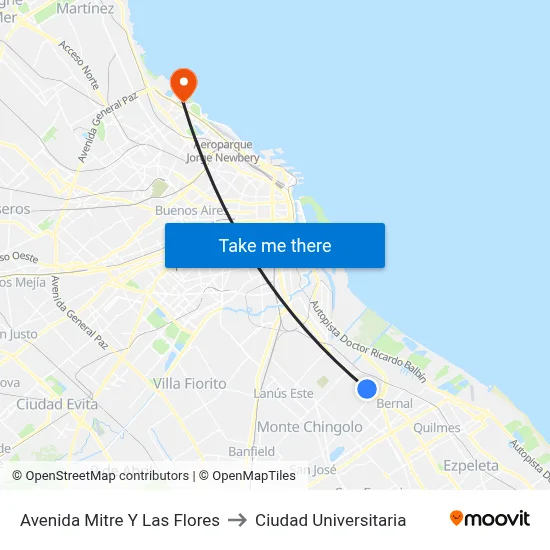 Avenida Mitre Y Las Flores to Ciudad Universitaria map