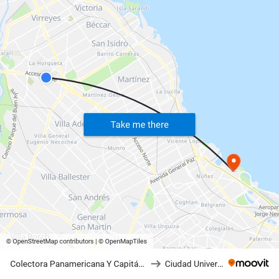 Colectora Panamericana Y Capitán San Martín to Ciudad Universitaria map