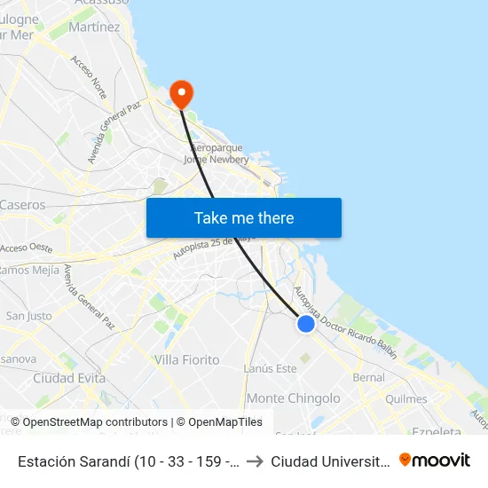 Estación Sarandí (10 - 33 - 159 - 197) to Ciudad Universitaria map