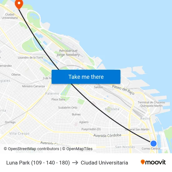 Luna Park (109 - 140 - 180) to Ciudad Universitaria map
