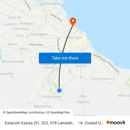 Estación Ezeiza (51, 222, 518 Lamadrid, 518 La Porteña, 518 Spegazzini) to Ciudad Universitaria map