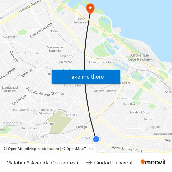 Malabia Y Avenida Corrientes (110) to Ciudad Universitaria map