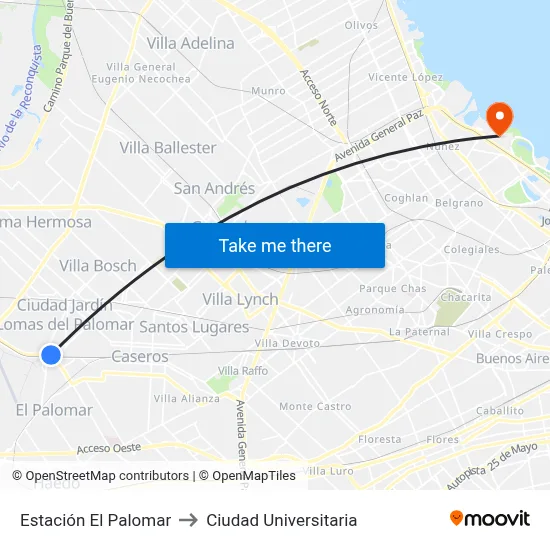 Estación El Palomar to Ciudad Universitaria map