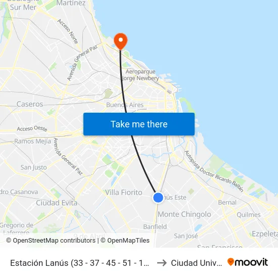 Estación Lanús (33 - 37 - 45 - 51 - 119 - 164 - 271 - 277) to Ciudad Universitaria map