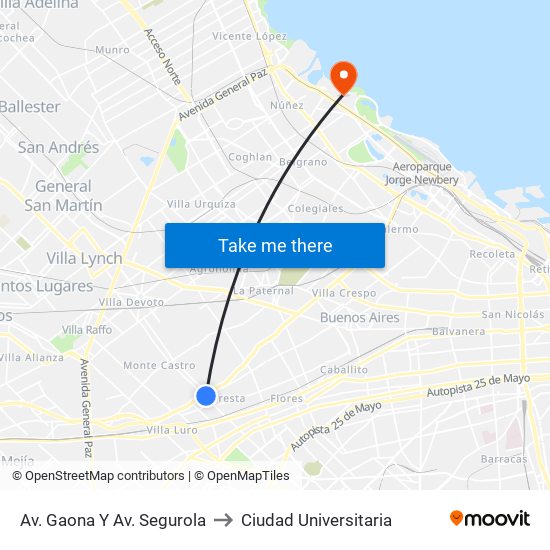 Av. Gaona Y Av. Segurola to Ciudad Universitaria map