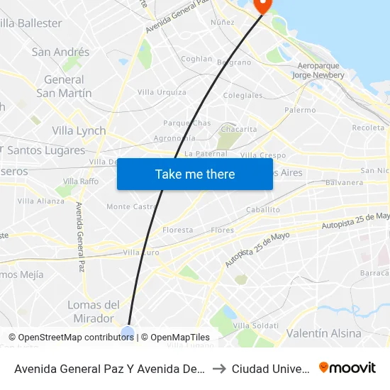 Avenida General Paz Y Avenida De Los Corrales to Ciudad Universitaria map