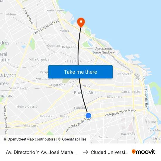 Av. Directorio Y Av. José María Moreno to Ciudad Universitaria map
