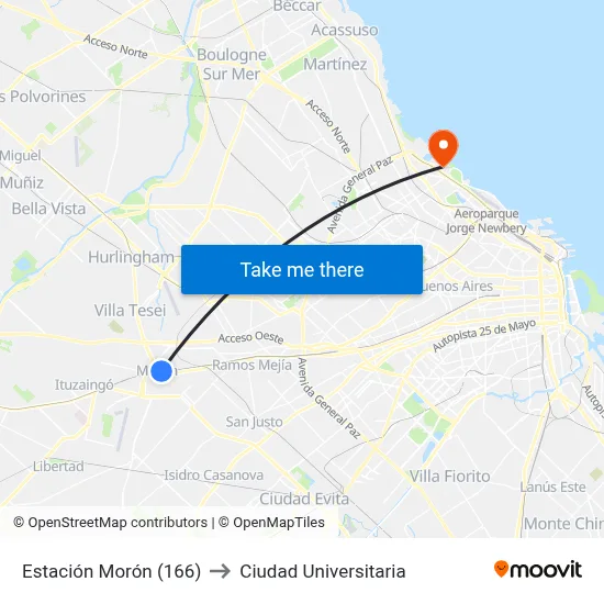 Estación Morón (166) to Ciudad Universitaria map