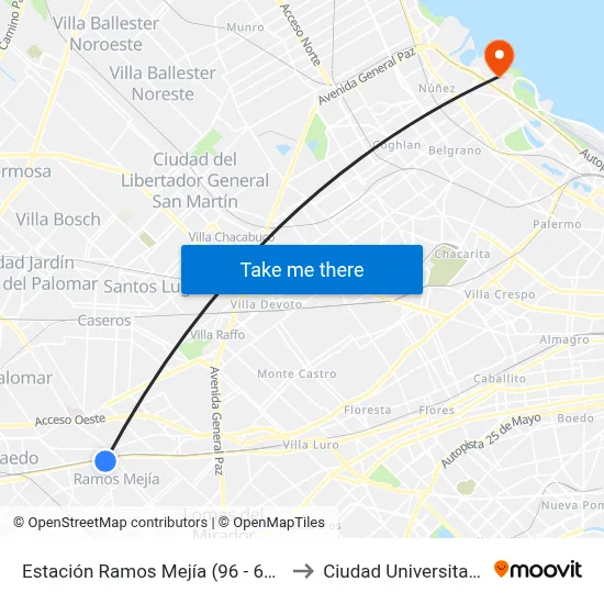 Estación Ramos Mejía (96 - 621) to Ciudad Universitaria map