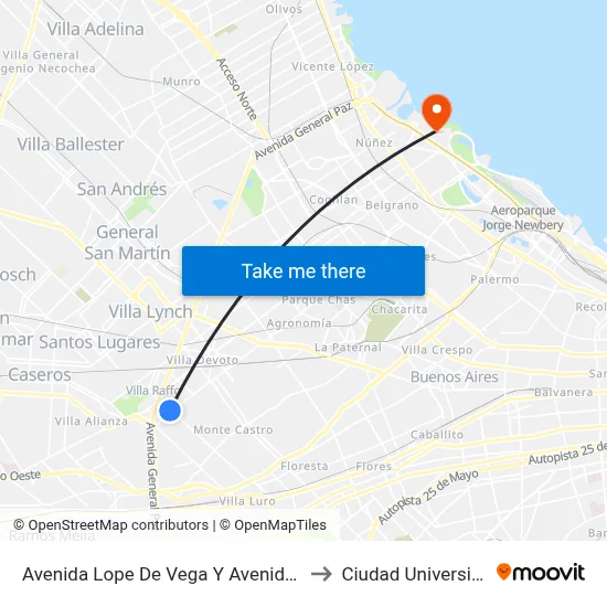 Avenida Lope De Vega Y Avenida Beiró to Ciudad Universitaria map