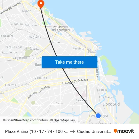 Plaza Alsina (10 - 17 - 74 - 100 - 154) to Ciudad Universitaria map