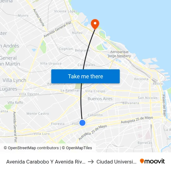 Avenida Carabobo Y Avenida Rivadavia to Ciudad Universitaria map