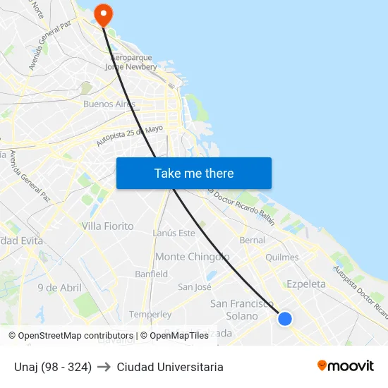 Unaj (98 - 324) to Ciudad Universitaria map