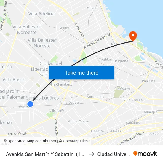 Avenida San Martín Y Sabattini (105 - 123 - 343) to Ciudad Universitaria map