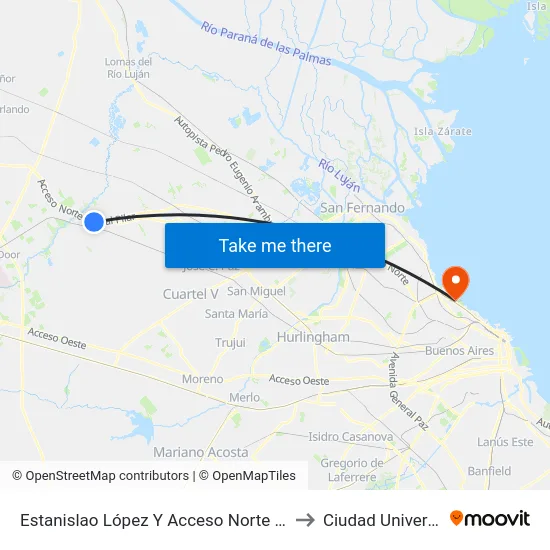Estanislao López Y Acceso Norte Ramal Pilar to Ciudad Universitaria map