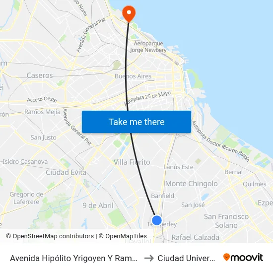 Avenida Hipólito Yrigoyen Y Ramón Falcón to Ciudad Universitaria map