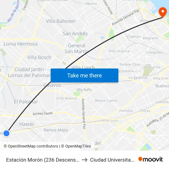Estación Morón (236 Descenso) to Ciudad Universitaria map