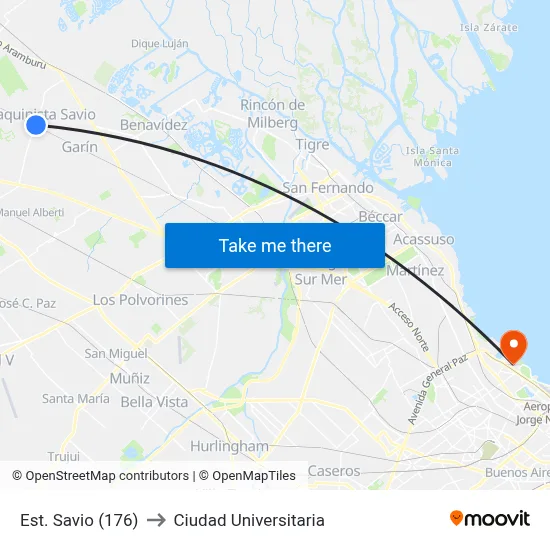 Est. Savio (176) to Ciudad Universitaria map