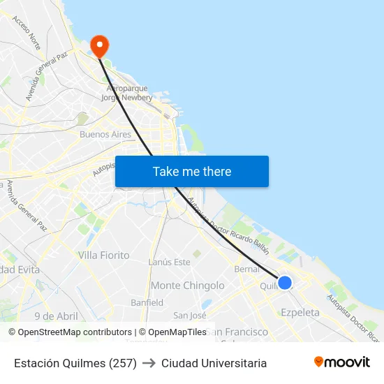 Estación Quilmes (257) to Ciudad Universitaria map