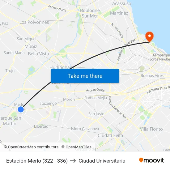 Estación Merlo (322 - 336) to Ciudad Universitaria map