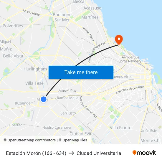Estación Morón (166 - 634) to Ciudad Universitaria map