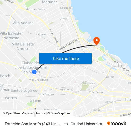 Estación San Martín (343 Liniers) to Ciudad Universitaria map