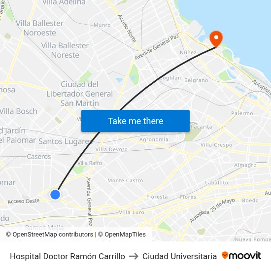 Hospital Doctor Ramón Carrillo to Ciudad Universitaria map