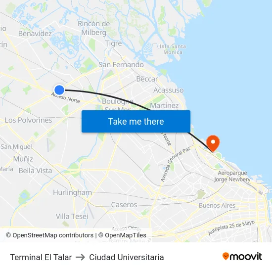Terminal El Talar to Ciudad Universitaria map