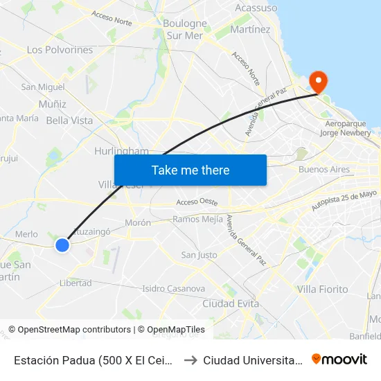 Estación Padua (500 X El Ceibo) to Ciudad Universitaria map