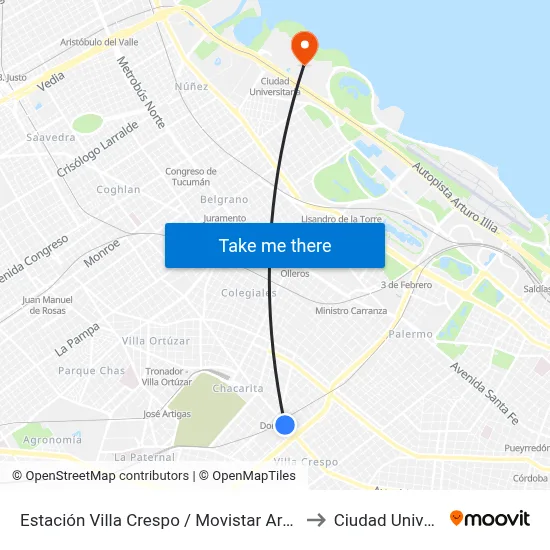 Estación Villa Crespo / Movistar Arena (19 - 65 - 71) to Ciudad Universitaria map