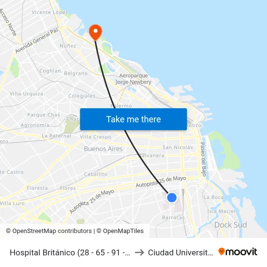 Hospital Británico (28 - 65 - 91 - 151) to Ciudad Universitaria map